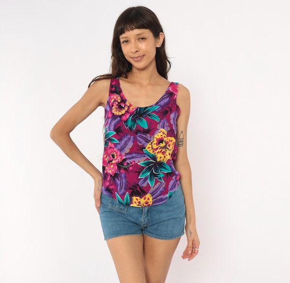Tropical Floral Tank Top 90s Blouse Magenta Purple Yellow Flower Shirt Hawaiian Summer Vacation Beach Resort Wear Vintage Extra Small XS