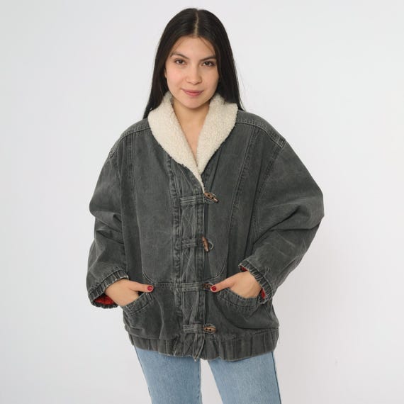 Sherpa Collar Jacket 90s Royal Castle Black Denim Toggle Red Quilted Lining Heavy Cotton Canvas Workwear Coat Utility Outerwear Large L