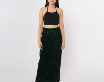 Vintage Green Velvet Skirt 80s Maxi Skirt Party Long Straight Skirt Goth Retro Witchy Cocktail Gothic High Waist 1980s Small S