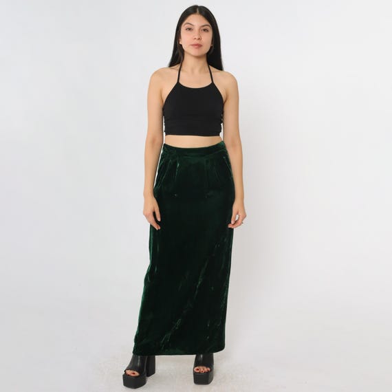 Vintage Green Velvet Skirt 80s Maxi Skirt Party Long Straight Skirt Goth Retro Witchy Cocktail Gothic High Waist 1980s Small S