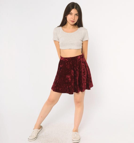 Y2K Crushed Velvet Mini Skirt Burgundy Wet Seal Wine Skater Circle Flared A Line Dark Red Cranberry Goth Grunge Party Club Whimsigoth Small