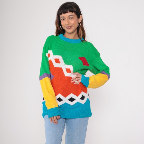 80s Geometric Sweater 90s Color Block Knit Jumper Cotton 1980s Statement Sweater Vintage Pullover Crewneck Orange Green Blue Medium Large