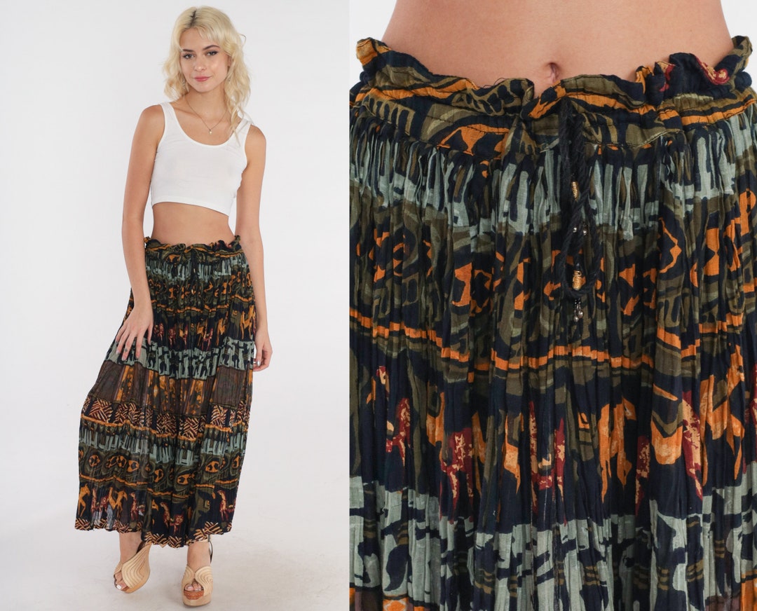 Geometric Broomstick Skirt Horse Print Hippie Olive Green Boho Skirt