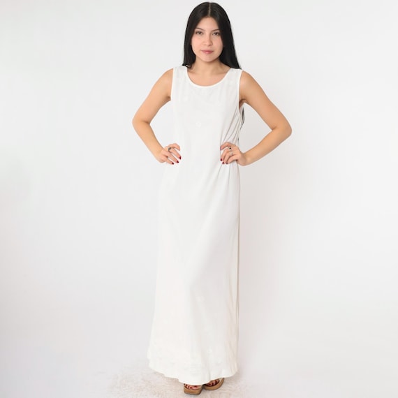 Vintage White Mesh Dress 90s Floral Lace Maxi Grunge Dress Bohemian Summer Party Sleeveless Sundress Lined Sun Dress Small