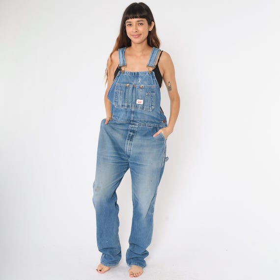 Vintage Round House Denim Overalls 90s Distressed Jean Pants Lee Baggy 1990s Dungarees Bib Utility Workwear Carpenter Small Medium