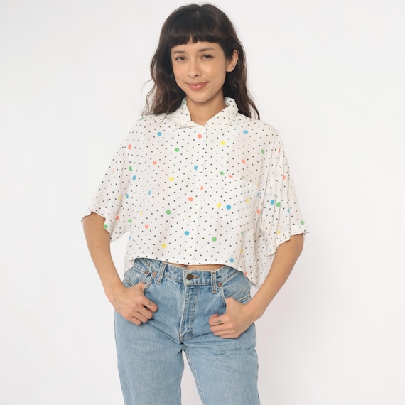 Cropped Polka Dot Shirt 90s White Multicolor Spotted Short Sleeve Collared Blouse Boxy Vintage Summer Crop Top Confetti Minimalist Large L