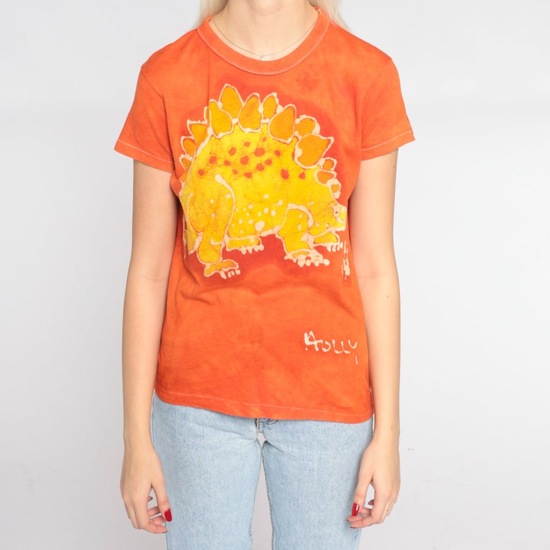 Stegosaurus Shirt 80s Dinosaur T-Shirt Holly Name Dino Tie Dye Graphic Tee Single Stitch Orange Yellow Vintage 1980s Extra Small xs image 8