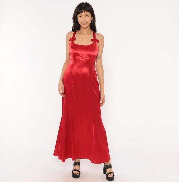 Red Satin Gown 90s Bow Strap Crossback Maxi Dress Coquette Slip Scarlet Formal Evening Cherry Halter Romantic Valentines Day Vintage Small S