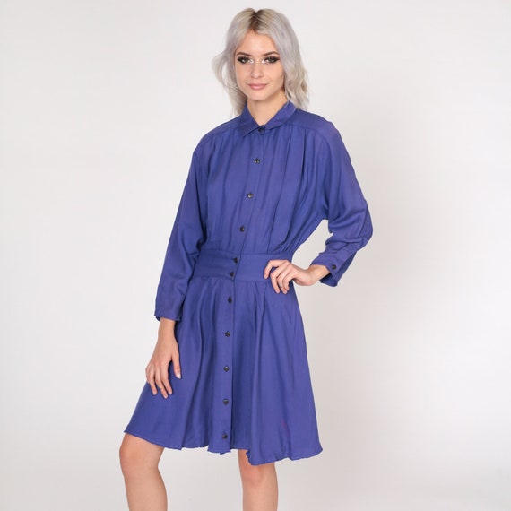 Vintage Purple Dress 80s Button up Mini Dress High Waisted Collared Shirtwaist Pleated 3/4 Sleeve Simple Basic Preppy Secretary 1980s Small