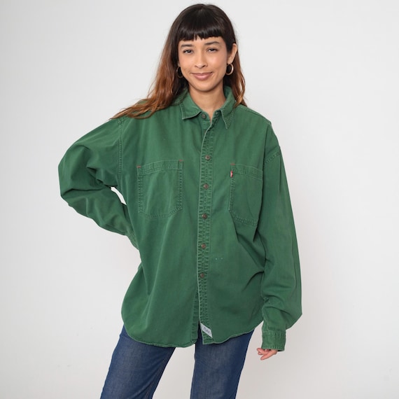 Levis Denim Shirt 90s Green Button Up Shirt LEVI STRAUSS Long Sleeve Cotton Oversized Button Down 1990s Men's Extra Large xl