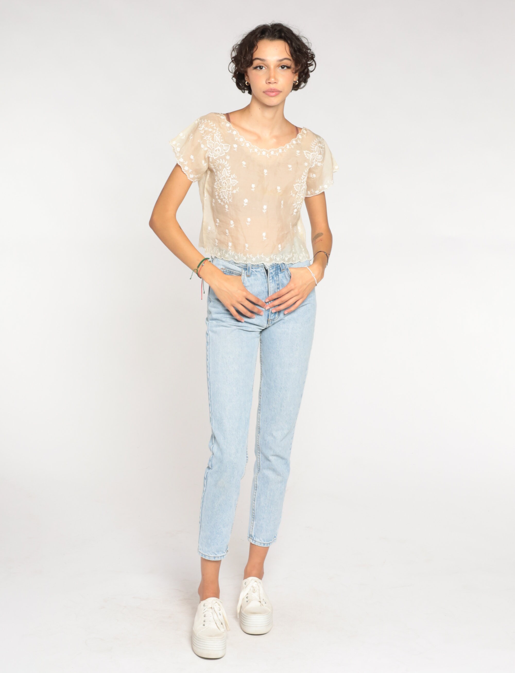 Floral Crop Top 80s SemiSheer Embroidered Blouse Beige Shirt Cropped