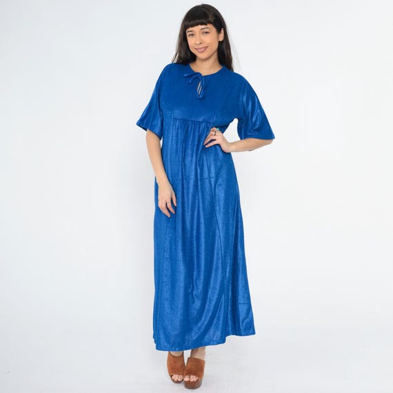 Vintage 70s Terry Cloth Caftan Dress Royal Blue Maxi Lounge Keyhole Tie Neck Hippie Boho 1970s Bohemian Terrycloth Kaftan 1/2 Sleeve Medium