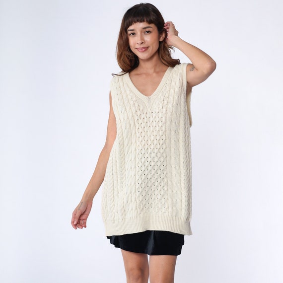 Aran Wool Sweater Vest Irish Cream Cable Knit Tank Top Vest Sleeveless V Neck Nerd Knit Normcore Sleeveless Vintage 2xl xxl