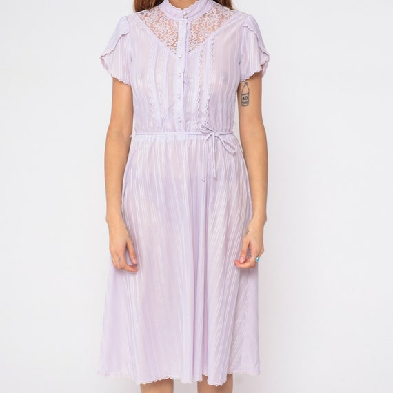 70s Prairie Dress Lavender Midi Lace Yoke Ruffle … - image 9
