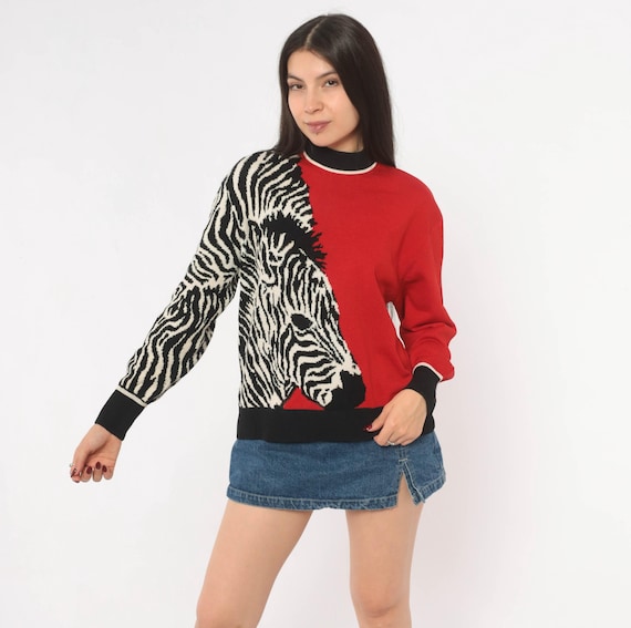 80s Zebra Sweater St. John Red Black Animal Knit Pullover Color Block Wool Blend Novelty Safari Graphic Boxy Fit Eccentric Quirky Medium M