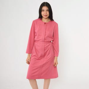 Vintage Pink Button Up Dress 70s Puff Sleeve Shirtdress A-Line Midi Plain 1970s Long Sleeve Twiggy Shirt Dress Belted Large 12