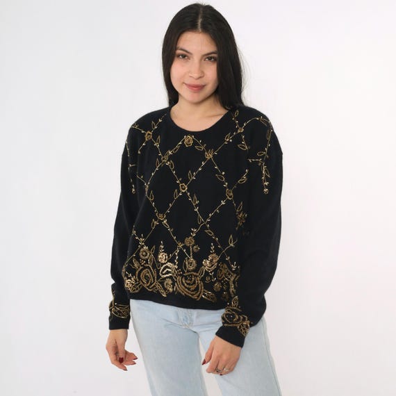 Vintage Black Sequin Sweater 80s Gold Floral Beaded Embroidered Pullover Wool Angora Blend Party Top 1980s Holiday Glam Medium M