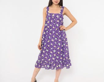 80s Purple Floral Sundress White Daisy Print Cotton Square Neck Ruffle Hem Pockets Tank Prairie Cottagecore Summer Spring Dress Medium M