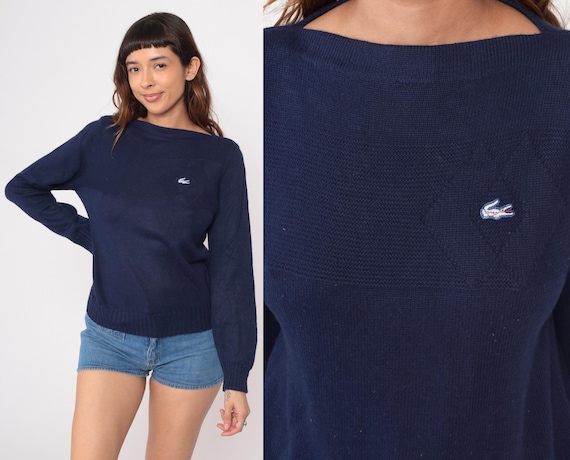 80s Lacoste Sweater Navy Blue Boat Neck Long Sleeve Pullover Knit Vintage Haymaker Preppy Tennis Classic Athletic Casual Medium M