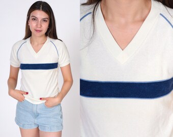 Vintage Terry Cloth Shirt Off-White Striped Retro T Shirt 80s TShirt V Neck Shirt 1980s Short Raglan Sleeve Navy Blue Extra Small xs