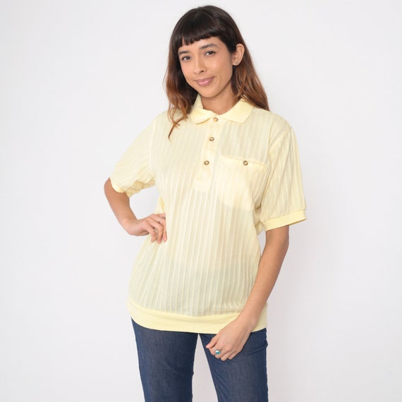Light Yellow Polo Shirt 80s 90s Ribbed Collared Shirt Preppy Short Sleeve Top Pocket Banded Hem Retro Plain Vintage 1980s Men's Medium M