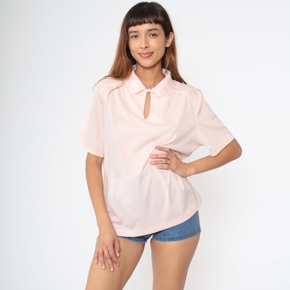 Baby Pink Ruffle Blouse 70s Jabot Collar Shirt Retro Short Sleeve Lace Trim Bohemian Pastel Secretary Simple Chic Vintage 1970s Large L