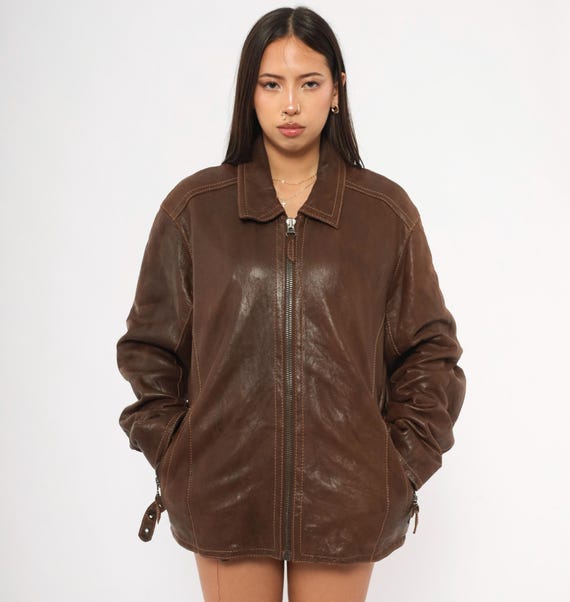 Y2K Leather Jacket Brown Chocolate Wilsons Collar Coat Zippered Pockets Moto Mocha Boxy Fit Bomber Chestnut Vintage Unisex Large L