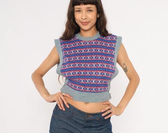 Fair Isle Sweater Vest 80s Knit Pullover Blue Red Grey Crew Neck Cropped Sleeveless Top Side Button Striped Pattern Extra Small XS