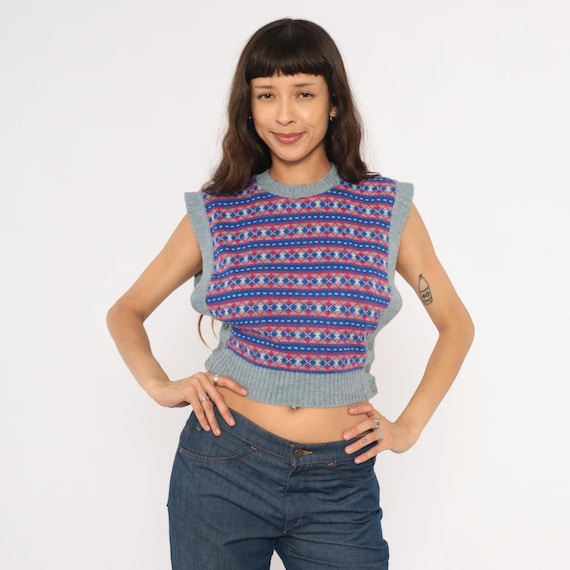 Fair Isle Sweater Vest 80s Knit Pullover Blue Red Grey Crew Neck Cropped Sleeveless Top Side Button Striped Pattern Extra Small XS