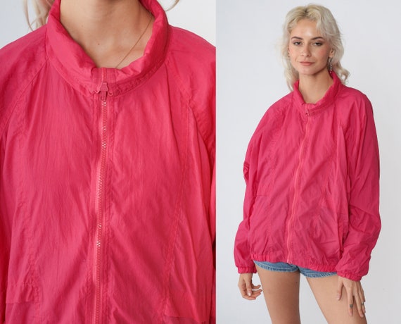 Hot Pink Windbreaker 90s Zip Up Bomber Jacket Retro Plain Simple Basic Warmup Track Jacket Retro Sportswear Warm Up Vintage 1990s Medium M