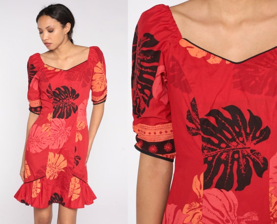 80s Hawaiian Mini Dress Red Tropical Leaf Print Dress Boho Ruffled Sheath Dress Retro Summer Bohemian Hippie Puff Sleeve Vintage 1980s Small
