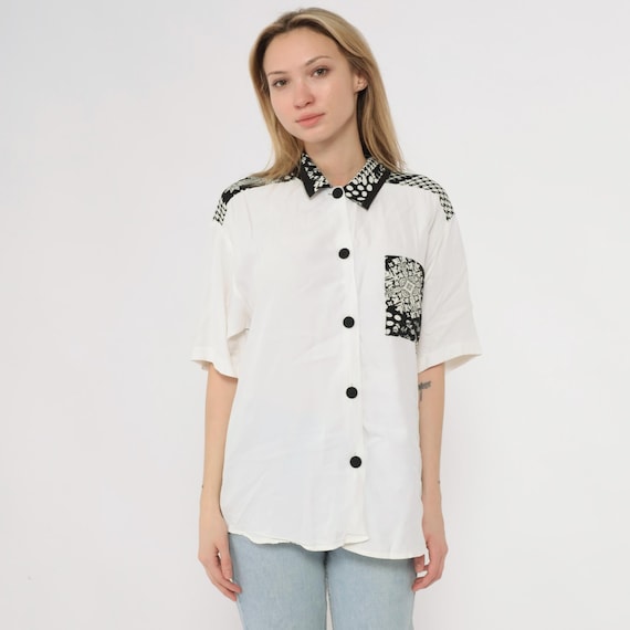 90s Pattern Mix Shirt Black White Geometric Button Front Short Sleeve Collar Blouse Mixed Print Patchwork Detail Houndstooth Medium M