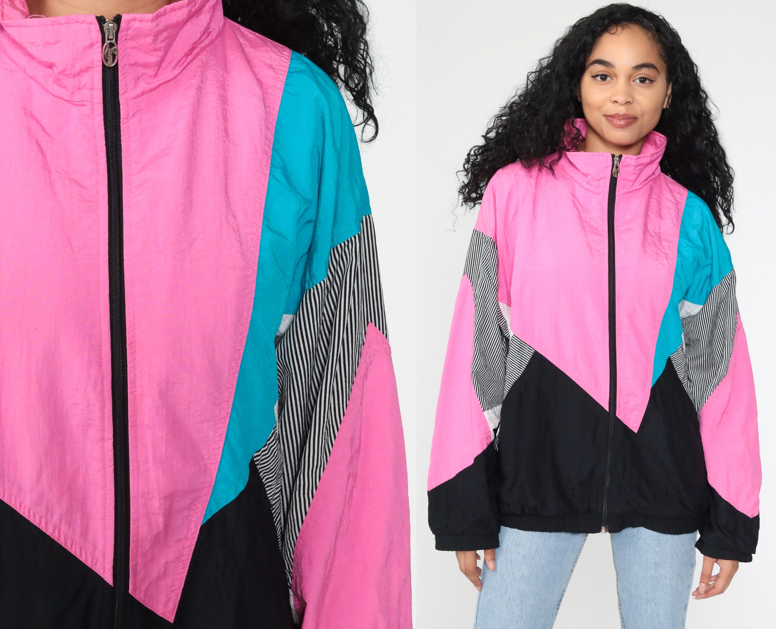 Neon Windbreaker Jacket Hot Pink Black Color Block Striped 90s Nylon Zip Up ip Up Streetwear Jacket Extra Large xl l Neon Windbreaker Jacket Hot Pink Black Color Block Striped 90s Nylon Zip Up ip Up Streetwear Jacket Extra Large xl l