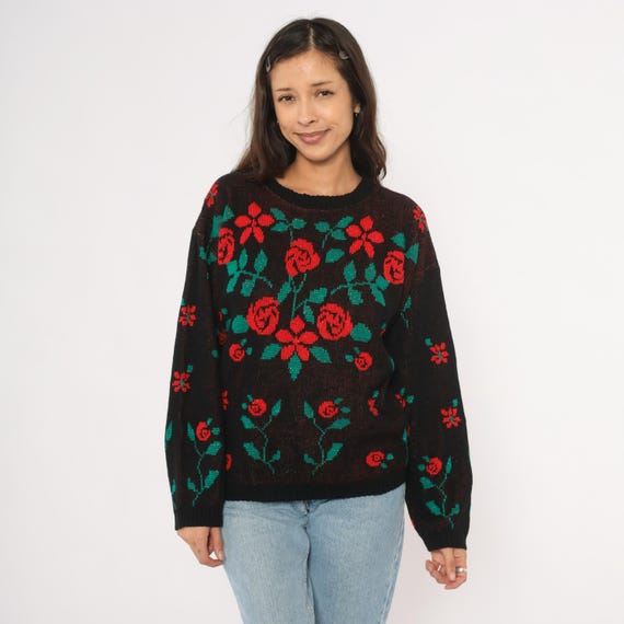Rose Knit Sweater 80s Black Floral Pullover Red Green Intarsia Crew Neck Garden Flower Pattern Dark Cottagecore Vintage Top Extra Large XL