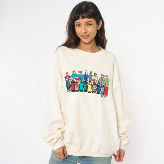 90s Golf Sweatshirt Cream Cotton Graphic Crewneck Golfer Vintage Sportswear Ivory Off White Casual Athletic Pullover Preppy Extra Large XL