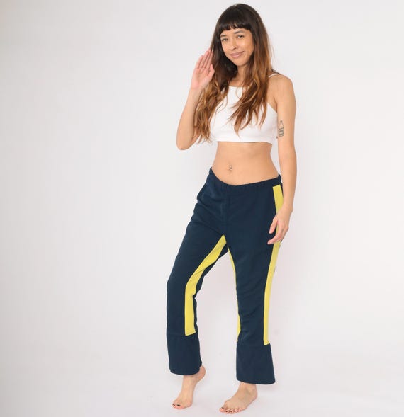 70s Ski Pants Roffe Snowsuit Navy Blue Yellow Striped Skiwear Ski Suit Snow Pants Hippie Vintage Boho Retro 1970s Sportswear Medium