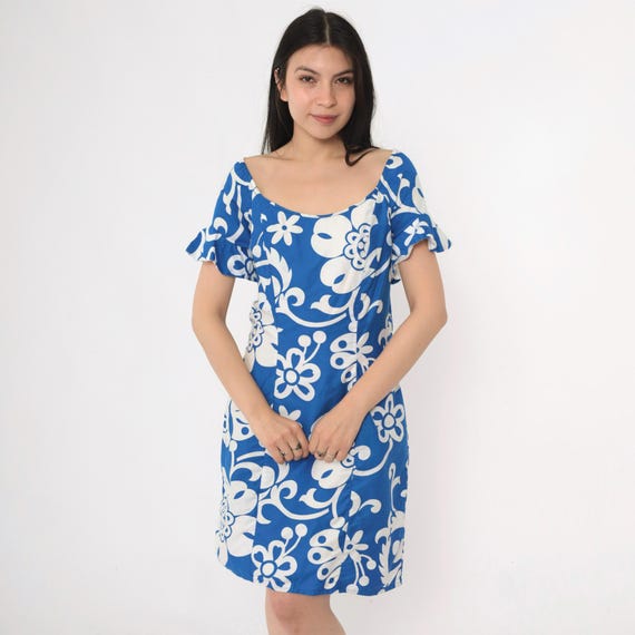 Vintage Hawaiian Mini Dress 80s Tropical Floral Dress Blue White Ruffle Sleeve Sheath Dress 1980s Boho Summer Aloha Bohemian Small Medium
