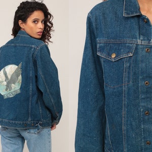 Denim Jacke 80er Jahre Jean Jacke bedrohten Adler Adler Eisen auf Patch Jacke Oversize 70er Jahre Vintage Biker Jacke Button Up Hipster Extra Small Xs