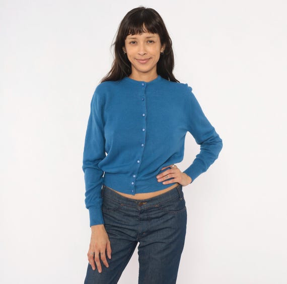 60s Blue Cardigan Knit Sweater Joyce Lane Cropped Waist Ribbed Cuff Long Sleeve Periwinkle Cobalt Academic Preppy Collegiate Vintage Small S