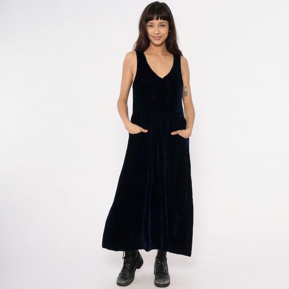 Dark Blue Velvet Dress 80s Sleeveless Tank Long Formal Evening Gown Vintage Dark Academia Grunge Alt Witchy Whimsigoth Elegant Medium M