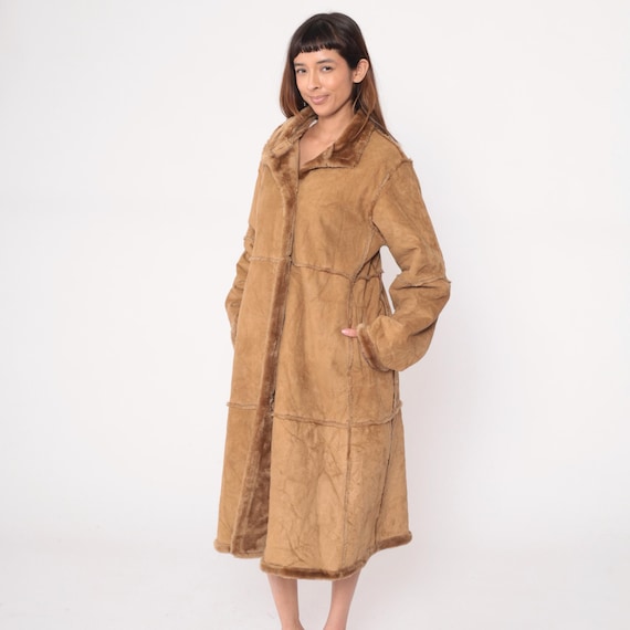 Vegan Fur Coat Y2K Vintage Beige Sherpa Lined Long Tan Camel Brown Winter Autumn Collar Bohemian Warm Teddy Bear Fluffy Cozy Maxi Large L
