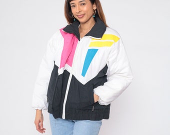 Color Block Ski Jacket 80s 90s Geometric Puffer Jacket Retro Black White Blue Pink Yellow Striped Puffy Winter Coat Puff Oversized Medium