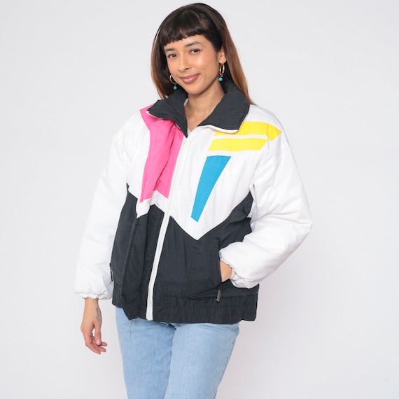 Color Block Ski Jacket 80s 90s Geometric Puffer Jacket Retro Black White Blue Pink Yellow Striped Puffy Winter Coat Puff Oversized Medium