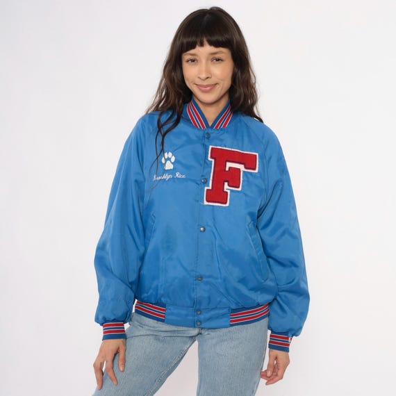 90s Varsity Jacket Blue Franklin Letterman Bomber Striped Trim Snap Front Collegiate Preppy Athletic Windbreaker Periwinkle Small S