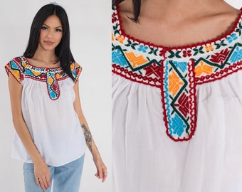 Embroidered Blouse 90s White Mexican Top Peasant Hippie Cap Sleeve Tent Shirt Red Blue Yellow Geometric Print Vintage 1990s Cotton Small S