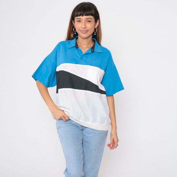 Members Only Shirt 80s 90s Striped Polo Shirt Slouch Collared Shirt Retro Short Sleeve White Black Blue Banded Hem Vintage 1980s Men's Large