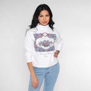 Floral Turtleneck Shirt 90s Paris Champs d&#39;Elysee White Long Sleeve Top 90s Mock Neck Shirt Vintage Tourist Travel Shirt 1990s Small S