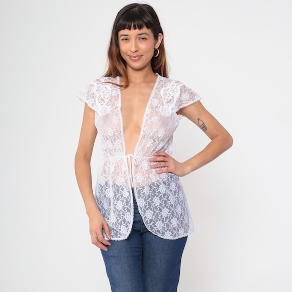 White Lace Blouse 90s Vintage Sheer Floral Lace Short Sleeve Tie Front Romantic Coquette Fairycore Boho Cottagecore Dreamy Ethereal Small S