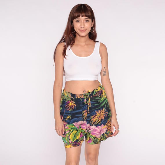 Y2K Tropical Shorts Jams World Floral High Waist Elastic Pink Green Yellow Palm Leaf Hawaiian Relaxed Fit Vintage 2000s Medium Large M L