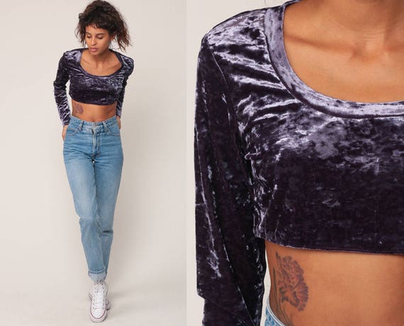 Velvet Crop Top Purple Crushed Velvet Shirt Long Sleeve Blouse Gothic Shirt 90s Hipster Party Cropped Shirt Extra Small xs